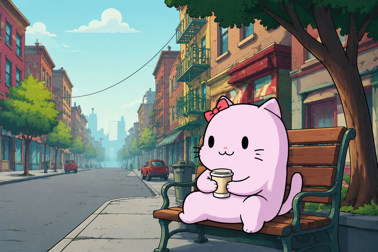TUB the pink cat sipping coffee on a bench